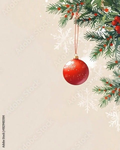 Fototapeta Minimal Christmas still life with red ornament hanging on pine branch, with copy space