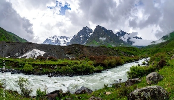 Fototapeta High angle view of river flowing between mountains