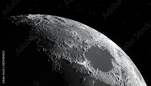 Fototapeta High-contrast lunar surface detail against starry black sky, emphasizing craters and texture in monochrome