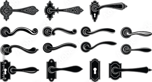 Obraz Elegant vintage door handle silhouette collection featuring ornate decorative designs, classic keyhole plates, detailed vector illustrations ideal for home 