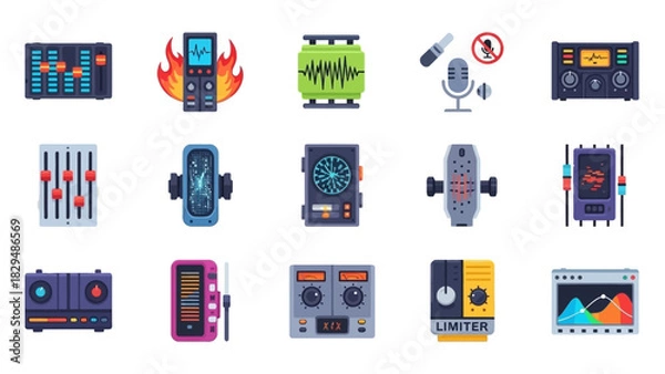 Fototapeta Collection of Audio Equipment and Sound Recording Devices Icons.