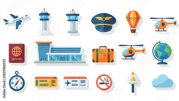 Obraz Airport and Travel Icon Set - Aviation and Tourism Elements.