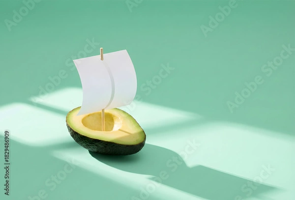 Fototapeta Avocado Boat: A creative concept of an avocado carved into a sailboat with bright light and shadow. 