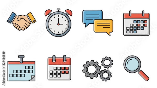 Fototapeta Business and Time Management Icons - Handshake, Clock, Calendar, and Gears.