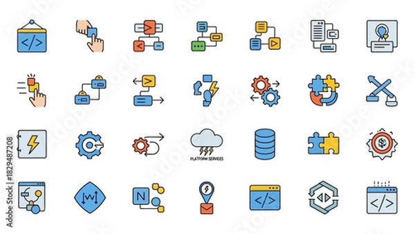 Fototapeta Collection of colorful icons representing software development and data management.