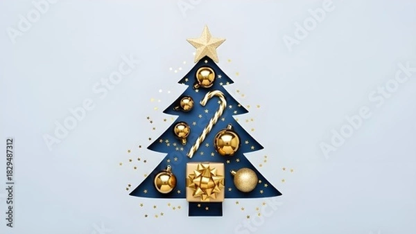 Obraz Stylized Christmas Tree with Golden Ornaments, Gift Box, and Confetti on Neutral Background