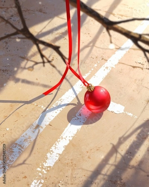 Fototapeta Minimal Christmas still life with red ornament on neutral background  