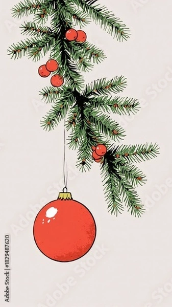 Fototapeta Minimal Christmas still life with evergreen branch and red ornament  