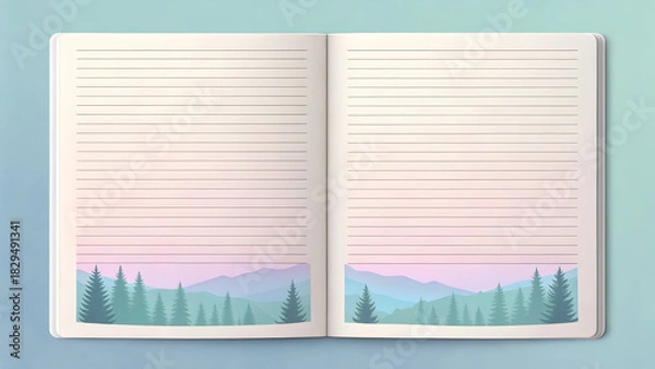Fototapeta Open lined notebook with pastel mountain and forest landscape illustration at bottom full hd 4k stock image download