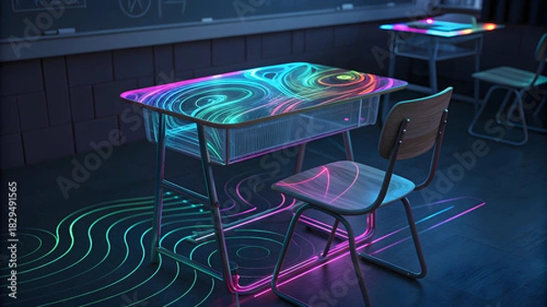 Fototapeta Futuristic classroom desk with glowing neon swirls and holographic projection on floor full hd 4k stock image download