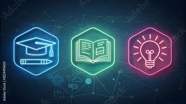 Fototapeta Three glowing neon hexagons with education and idea symbols on a dark digital network full hd 4k stock image download background