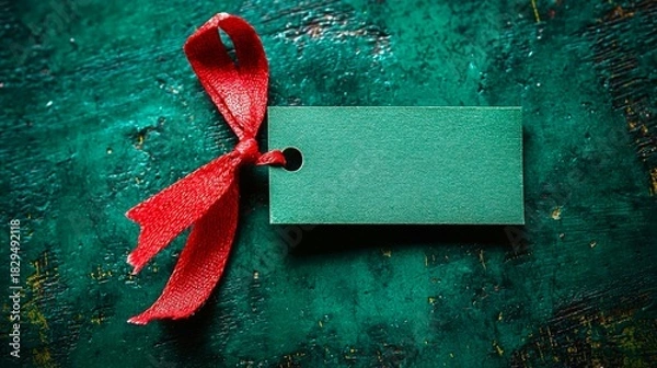 Fototapeta Blank gift tag with red ribbon on a textured green background suitable for holidays or special occasions