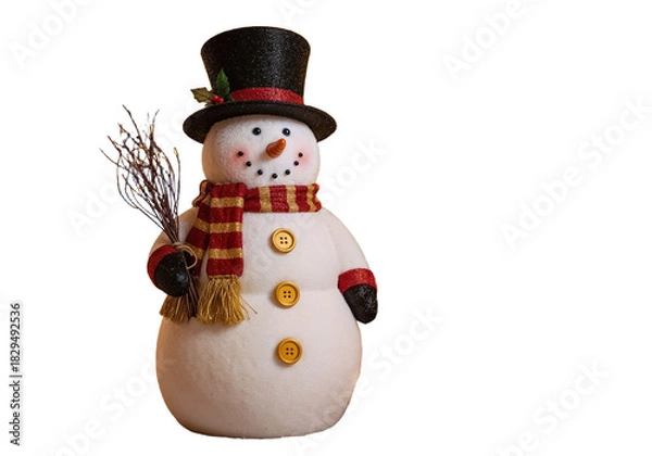Fototapeta Snowman with a black top hat and colorful scarf stands proudly, holding a bundle of twigs in a festive winter setting