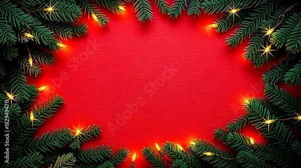 Fototapeta Christmas wreath and fir branch frame decorated with red ribbon, cones, and red holiday balls