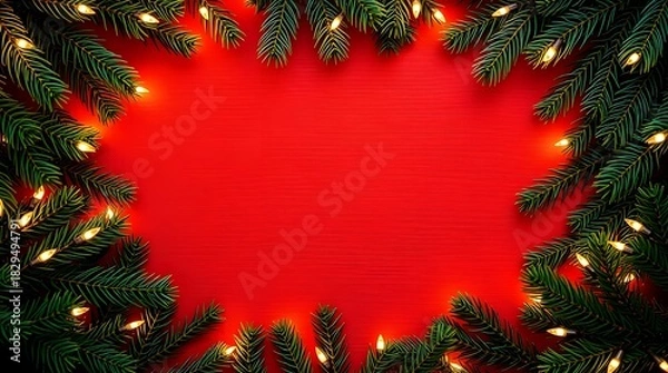 Fototapeta Red Christmas background with decorated tree branches and festive ornaments