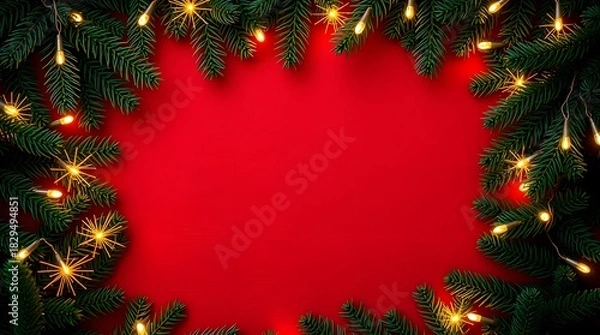 Fototapeta Christmas tree and fir branch holiday background with festive decorations