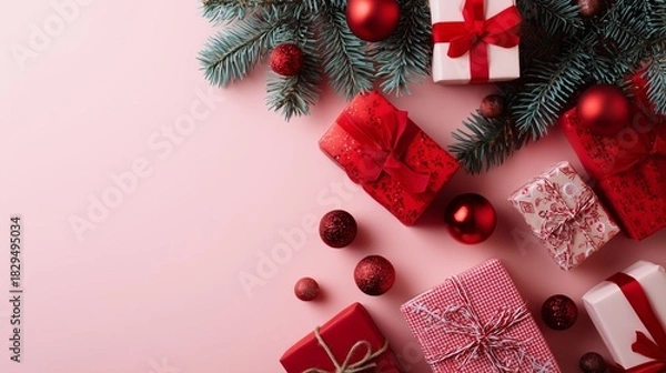 Fototapeta Festive Christmas scene with red gifts, baubles, and evergreen branches, set against a soft pink backdrop for holiday cheer.