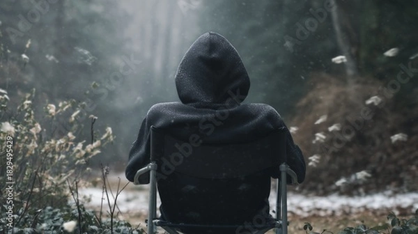 Fototapeta A solitary figure in a hoodie sits on a chair amidst a snowy forest, embracing tranquility and nature's beauty.