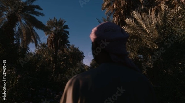Fototapeta A solitary figure in traditional attire stands in a lush palm oasis under a deep blue evening sky.
