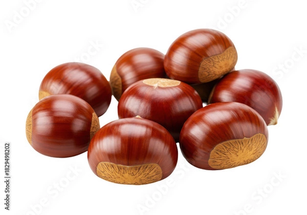 Fototapeta Fresh, raw European chestnuts, reddish-brown glossy shells, some clustered, on a pristine transparent seamless studio background with soft diffused lighting and sharp focus. Autumn food ingredients