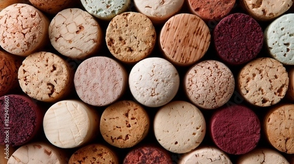 Fototapeta Close-up of assorted wine corks showcasing diverse textures and hues, perfectly aligned in a captivating geometric pattern.