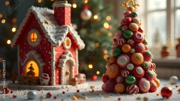 Obraz Dolce Natale delle fiabe: nanetto con albero di caramelle e dolciumi