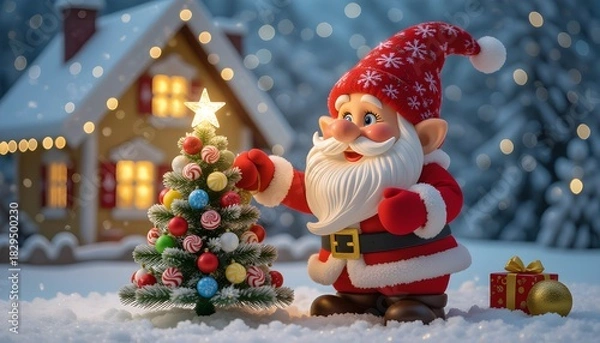 Fototapeta Dolce Natale delle fiabe: nanetto con albero di caramelle e dolciumi