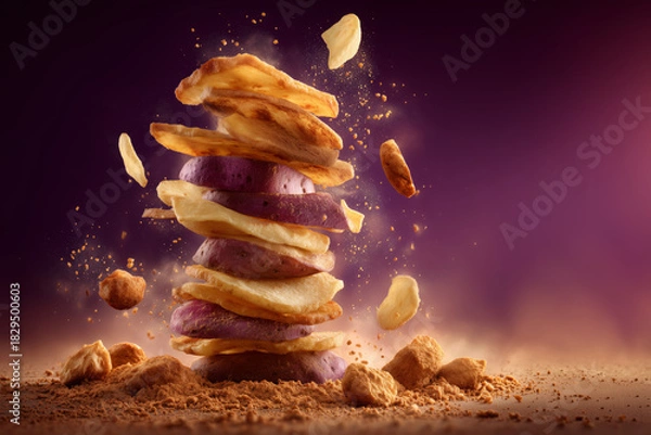 Obraz Falling Potato Slices with Crumbs