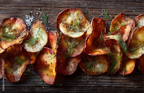Obraz Roasted Dill Potato Chips on Wood