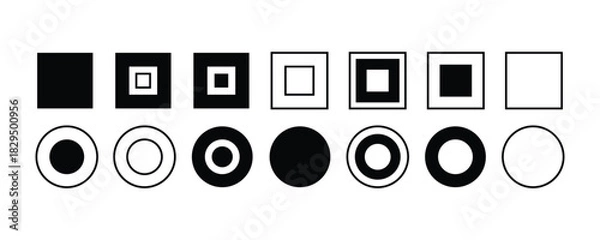 Obraz Abstract Concentric Squares and Circles Icon Set in Black and White for Target, Focus, and Geometric Design