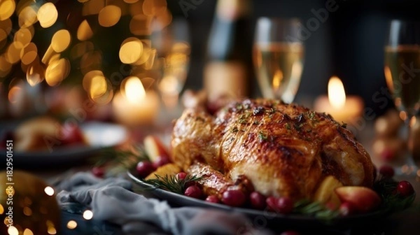 Fototapeta Golden roast turkey with cranberries and champagne, creating a festive and elegant holiday dinner atmosphere with bokeh lights.