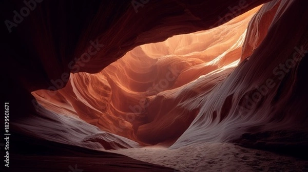 Fototapeta A dramatic view of a sunlit sandstone canyon, showcasing illuminated, swirling walls and a tranquil, sandy floor.