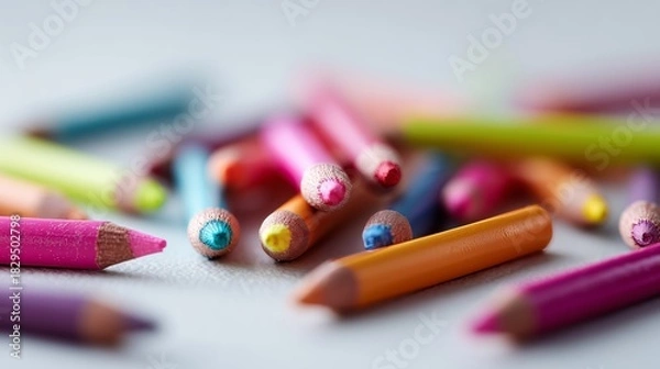Fototapeta Assorted colorful pencils are scattered, showcasing vibrant hues and textures, perfect for art inspiration and creativity.