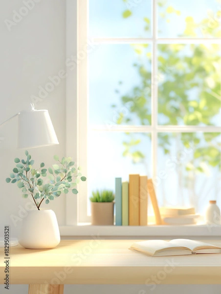 Fototapeta Fresh and elegant illustrations of a desk under a window for the start of the school season.