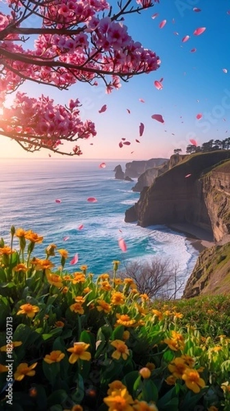 Obraz Ocean Cliffs at Sunset with Cherry Blossom Sky