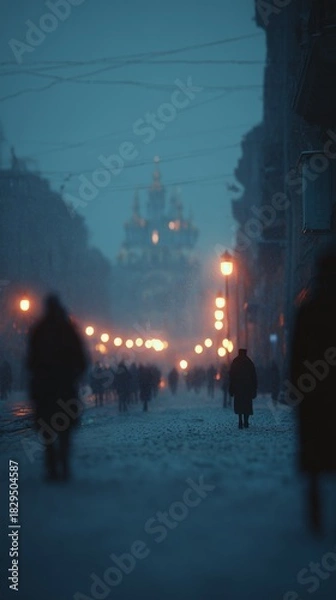 Fototapeta Snow falls gently on a city street at dusk, lit by warm streetlights, creating a serene winter atmosphere.