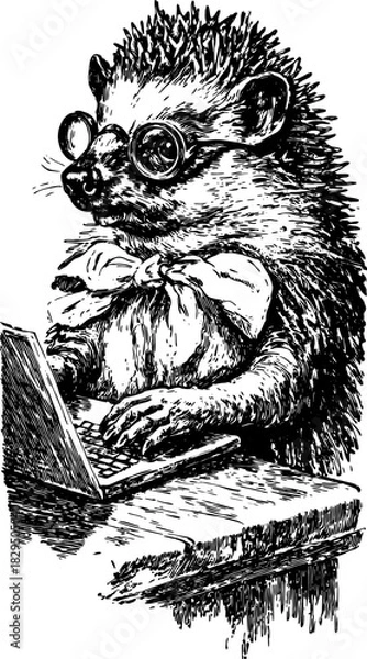 Fototapeta Hedgehog with glasses sitting at a computer, writing. A vintage vector illustration showcasing a quirky character in a scholarly style.