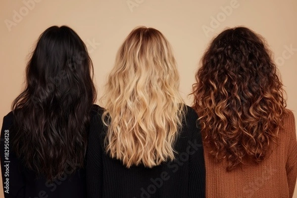 Fototapeta Three women with distinct hair textures and colors pose with backs to camera, showcasing natural waves on a neutral background.