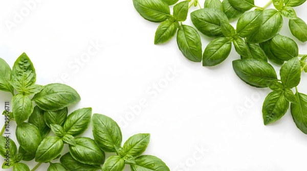 Fototapeta Fresh green basil leaves border frame on white background.