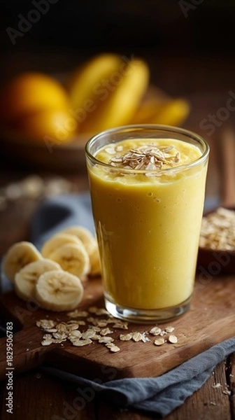 Fototapeta A vibrant glass of mango banana smoothie topped with oats, surrounded by sliced bananas, offering a nutritious breakfast option.