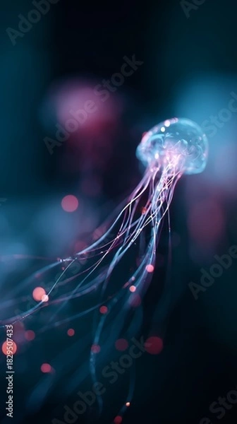 Fototapeta A luminous jellyfish drifts gracefully through dark, mysterious waters, with glowing tendrils trailing behind in vivid colors.