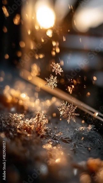 Fototapeta Macro photograph capturing delicate snowflakes glistening in warm, golden light, creating a magical and intricate winter scene.