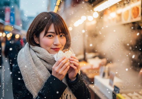 Obraz 冬の季節に中華まんを美味しそうに食べる女性