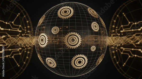 Fototapeta Modern technology network with golden gears connecting circuits represents data transfer, automation, and innovative technological solutions for your business