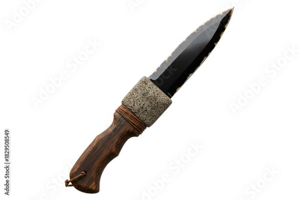 Fototapeta Primitive hunting knife with wooden handle and blade isolated on a transparent background