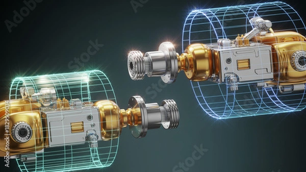 Fototapeta Futuristic engine design with metallic gold and silver elements encased in glowing wireframe, showcasing innovation and advanced technology, perfect for engineering concepts