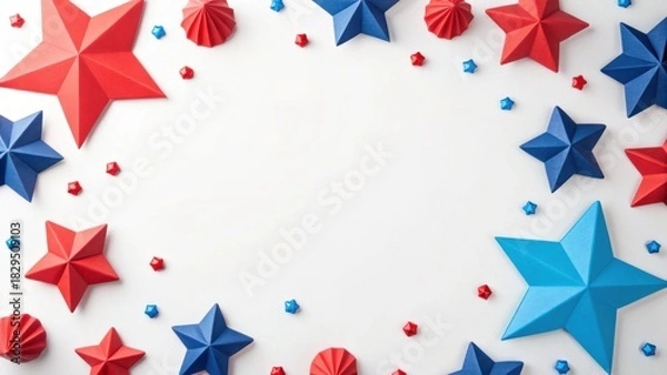Obraz Colorful paper stars and three-dimensional decorations in red, blue, and white arranged in a festive layout on a light background.
