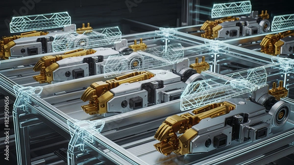 Fototapeta Futuristic robotic assembly line for advanced manufacturing, featuring sleek gold and silver automated components with holographic schematics for innovative tech