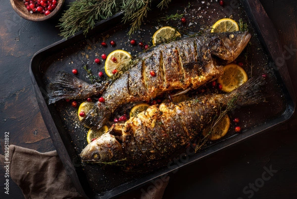 Obraz Roasted Christmas Carp with Herbs – AI Generative