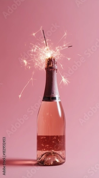 Fototapeta A bottle of sparkling wine adorned with a lit sparkler, set against a pink background, symbolizing celebration.
